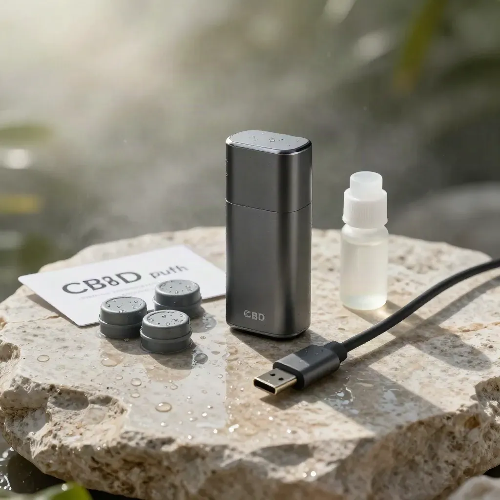 Rain-damped CBD Puff starter kit with pods, USB-C cable and fill bottle on pale stone.