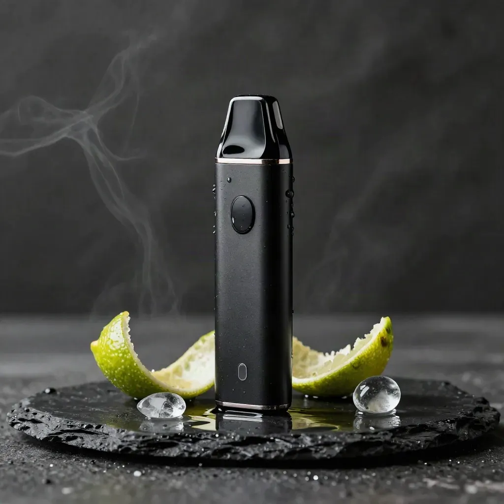 Cherry-lime disposable vape hovering over wet dark stone with lime peel, ice shard, glass pebble, and vapor.