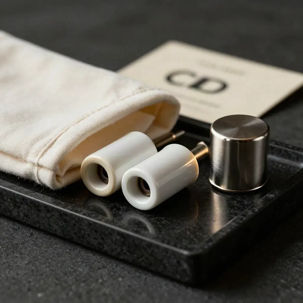 Ceramic coil pair in a small tray with cotton sleeve and metal cap on a dark plinth under dramatic light.