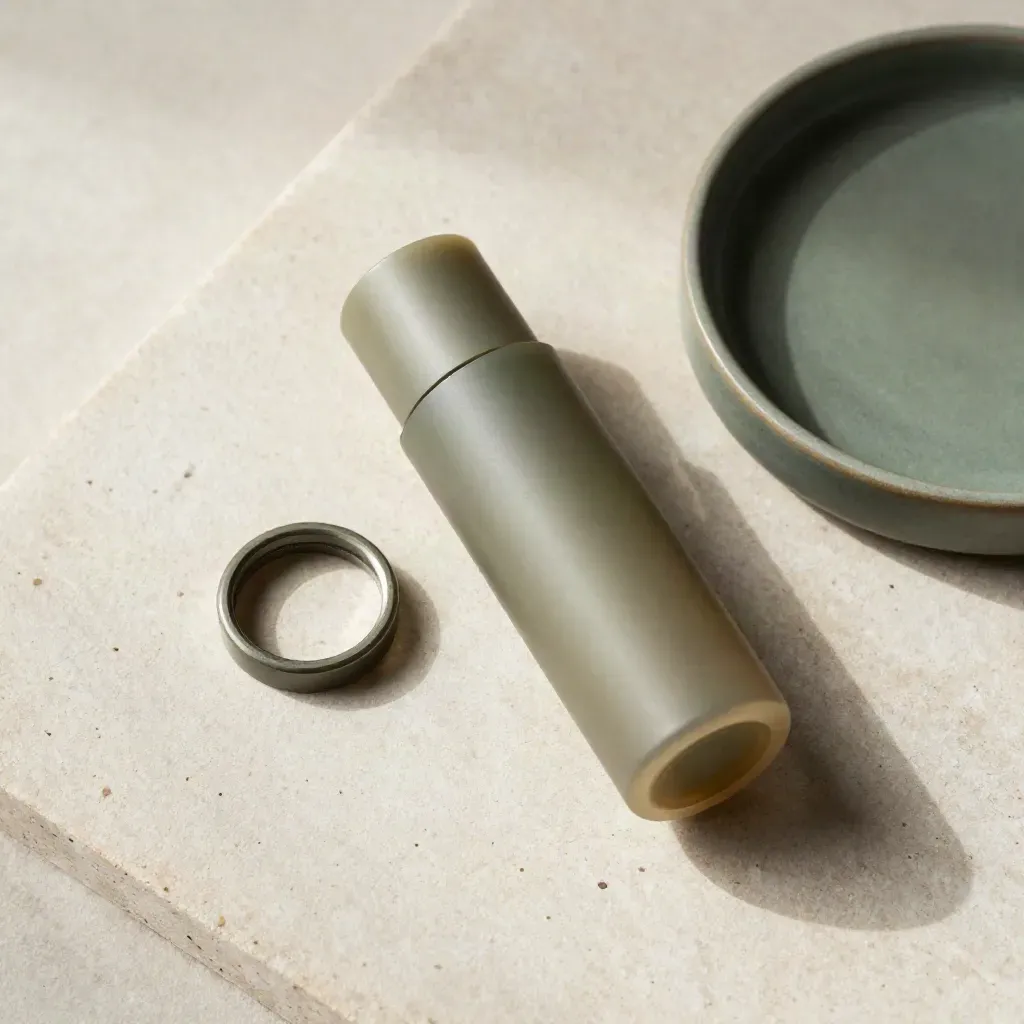 Overhead flatlay of a mango CBD cartridge, cap, adapter ring, and ceramic dish on pale stone