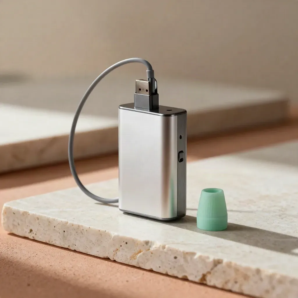 USB-C vape charger with cable loop and spare tip on pale stone, softly lit.