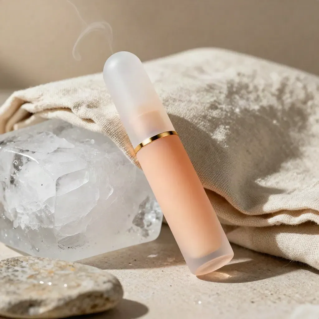 Peach-ice disposable vape leaning on ice and linen, with vapor curling in cool light.