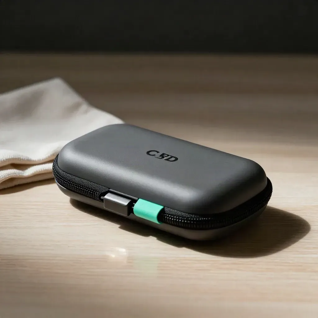 USB-C CBD travel case with cable loop, spare pod sleeve and folded cloth on pale wood